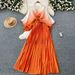 Women’s Clothing Pleated Suit For Women With Waist Hugging Straps And Gradient Color Pleated Cardigan Tops, High Waist Pleated Skirt, Two Piece Suit_ecoleips.com