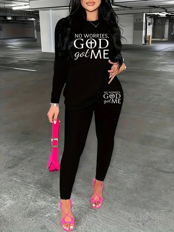 Women's Casual Loose And Fashionable GOD Letter Print Loose T-shirt+cropped Pants Two-piece Set Summer Home Sportswear Daily Wear-467_ecoleips.com
