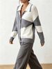 Gray White Patchwork Lapel Knit Cardigan Women Loose Long Sleeve Button Front Sweater_ecoleips.com
