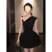 183 French Style Black Asymmetrical Shoulder Irregular Pleated Tank Top And Flower Bud Half Skirt Two-Piece Set For_ecoleips.com