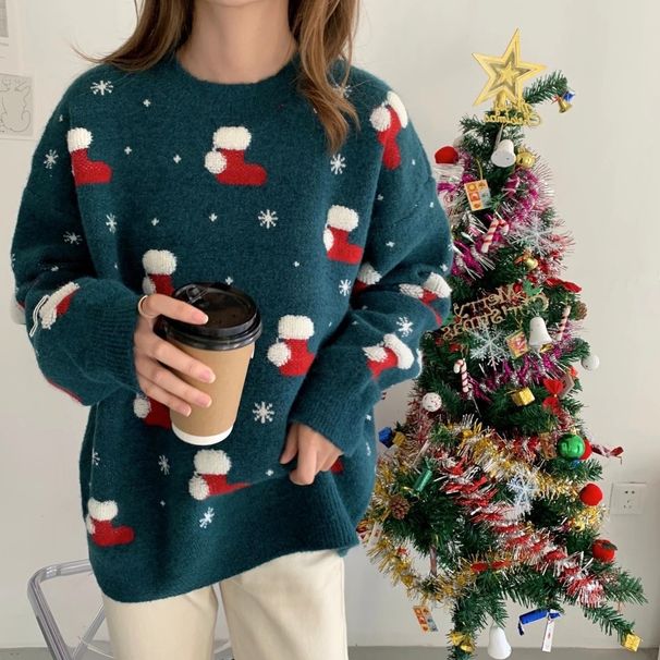 Christmas Knit Sweater For Women - Cozy Oversized Pullover With Festive Patterns, Soft Polyester Long Sleeve Tunic_ecoleips.com