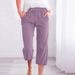 Suitable For All Seasons 2025 Women's Solid Color Drawstring Cotton Linen Casual Loose Straight Pocket Home Capri Pants_ecoleips.com