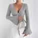 Women's Knitted Ribbed T-Shirt V Neck Bell Sleeve Design Elegant Fashionable New_ecoleips.com