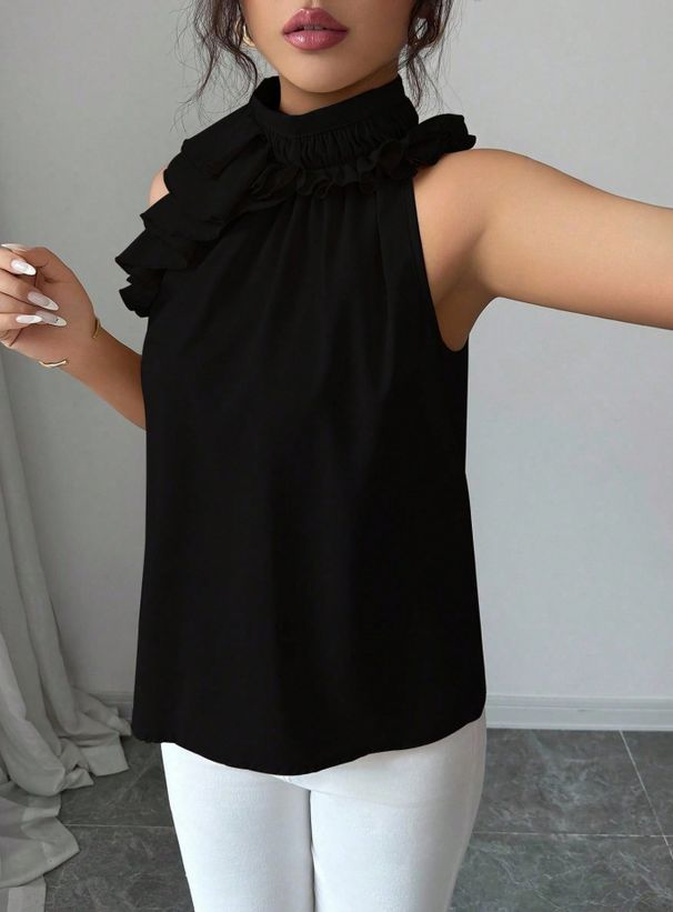K Shang Temperament Petal Collar Hanging Neck Leakage Off Shoulder Slim Fit Sleeveless Solid Color Top For Women. Cocktail Top_ecoleips.com