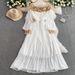 Women's Clothing High Quality! Elegant Lady Heavy Work Show Pearl Sequin Round Neck Dress Dress Female Waist Slim Pleated Long Skirt_ecoleips.com