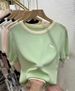 Summer Women's Basic French Color Block Top round Neck Short Sleeve Thin Ice Silk Simple Design for Casual Wear_ecoleips.com