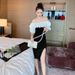 Black off the Shoulder Ruffle Dress Women's Fitted Bodice Lantern Sleeves Banquet Birthday Summer Party Wear Regular Size_ecoleips.com