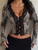 Elegant Women's Top, Sexy V-neck Printed Dress With Lace Trim, Long-sleeved Cardigan, Semi-sheer Top, Suitable For Spring And Autumn, Perfect For Daily Commutes._ecoleips.com