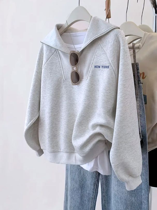 Women’s Half-Zip Fleece Sweatshirt – Oversized Lapel Pullover (Greyish/Dark Gray, XS-XXL)_ecoleips.com
