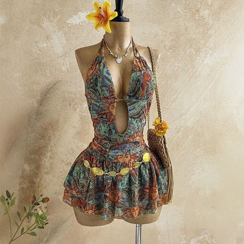 Women's Floral Print Halter Neck Short Dress Deep V Neck Cutout Bohemian Beach Vacation Sexy Dress Waist Revealing_ecoleips.com