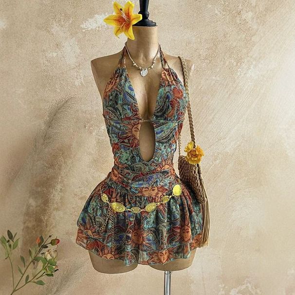 Women's Floral Print Halter Neck Short Dress Deep V Neck Cutout Bohemian Beach Vacation Sexy Dress Waist Revealing_ecoleips.com