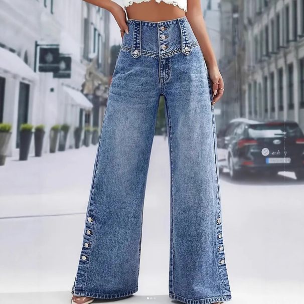 Women's High Waist Wide Leg Jeans Floral Print Slit Hem Retro Button Detail Spring Summer New Arrival Denim_ecoleips.com
