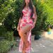 Women's Clothing Summer Digital Print V Neck Sling Midi Slit Dress_ecoleips.com