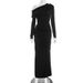 Women's Elegant Slim Fit Pleated Dress American Style Solid Color Asymmetrical Neckline For Autumn Winter_ecoleips.com