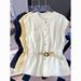 Women's French Style Stand up Collar Sleeveless Cardigan Shirt Unique Tea Colored Top with Belt New Summer Style_ecoleips.com