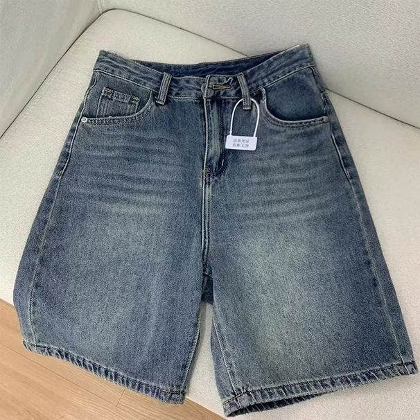 Vintage Blue Loose Five-Point Denim Shorts For Women, Distressed Chic Trendy Style, Petite Plus Size High-Waisted_ecoleips.com