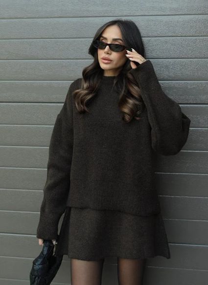 Women's Preppy Knit Sweater & Skirt Set – Solid Color Long Sleeve Pullover With A-Line Mini Skirt (Polyester, XS-XXXL)_ecoleips.com