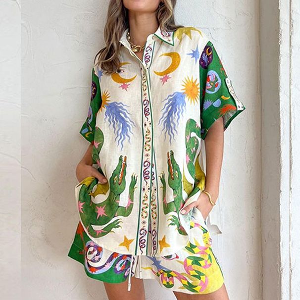 Verve 2025 Summer Women's New Elegant Commuter Printed Three-Quarter Sleeve Casual Fashion Pants Set_ecoleips.com