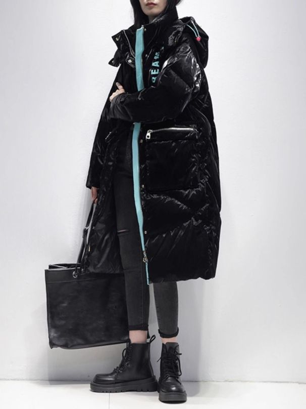 Trendy Glossy No-wash Jacket, Mid-length, Winter Fashion, Thickened, Loose, Over-the-knee, White Duck Down Stylish_ecoleips.com