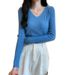 Women's Slim Fit V-Neck Long Sleeve Knit Sweater - Soft Stretchable Pullover Top For Autumn Winter Layering_ecoleips.com