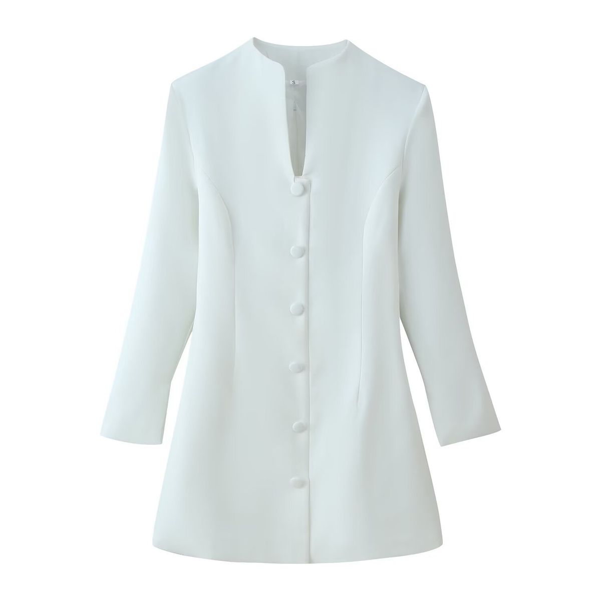 Stylish Button-Detail Dress For Women - Stand Collar, A-Line Silhouette, Stretchy Polyester, Streetwear Chic (S/M/L, White)_ecoleips.com