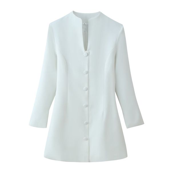 Stylish Button-Detail Dress For Women - Stand Collar, A-Line Silhouette, Stretchy Polyester, Streetwear Chic (S/M/L, White)_ecoleips.com