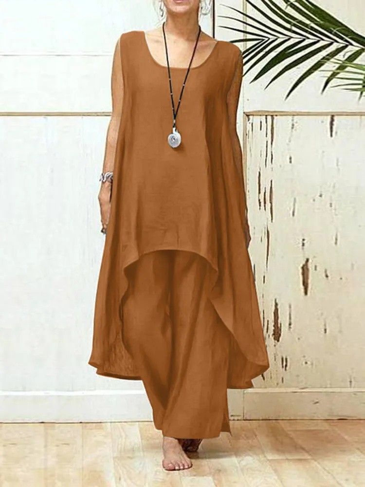 Women's Asymmetrical Sleeveless Top And Loose Pants Set Streetwear Cotton Linen 2 Piece Oversized Fit Solid Colors_ecoleips.com