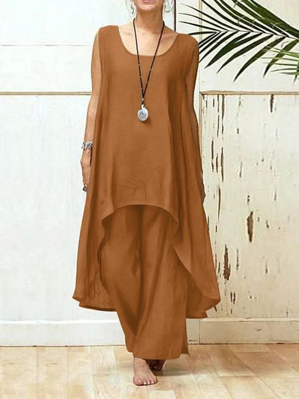 Women's Asymmetrical Sleeveless Top And Loose Pants Set Streetwear Cotton Linen 2 Piece Oversized Fit Solid Colors_ecoleips.com