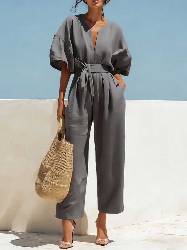 Women's Summer Wide-Leg Jumpsuit With Puff Sleeves, Vacation Wrap Waist Flowy Romper_ecoleips.com