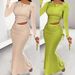 Elegant Sexy Workwear Inspired Banquet Dress Set Solid Color Asymmetrical Neckline Long Sleeved Top Ruched Fishtail Skirt_ecoleips.com