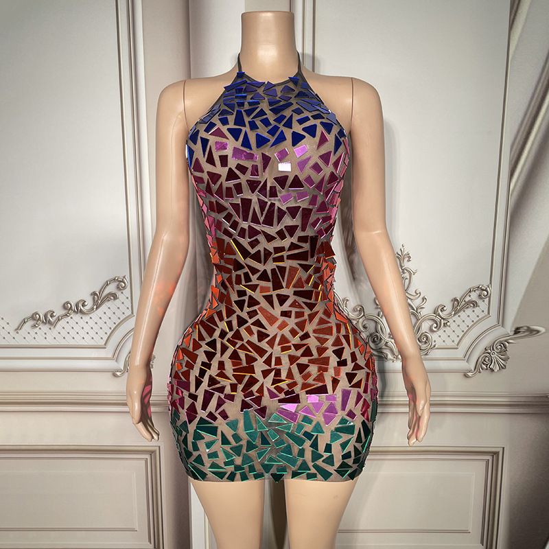Fashionable Women's Loose Fitting Mesh Transparent Sequin Dress Sexy Club Clothing Mirror Pattern Party Wear Prom Evening Dress_ecoleips.com