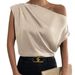 Women's Clothing Spring Solid Color Satin Silk Irregular Oblique Shoulder One Shoulder Pullover Sleeveless Shirt Female_ecoleips.com
