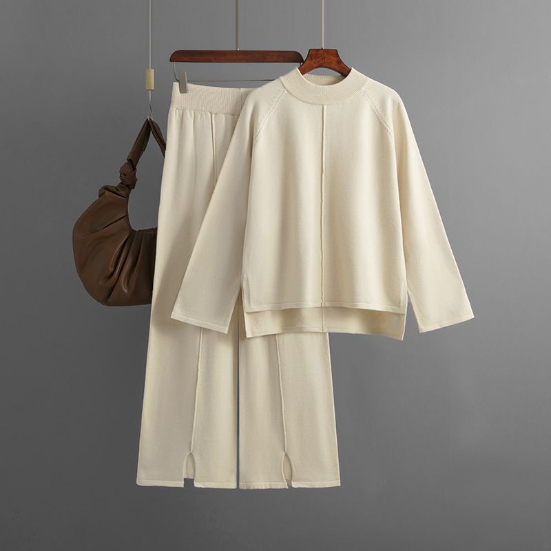 Autumn/Winter Loose-Fitting Solid Color Sweater And Knit Wide-Leg Pants Set With Slits_ecoleips.com