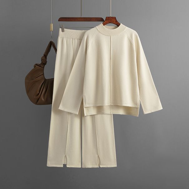Autumn/Winter Loose-Fitting Solid Color Sweater And Knit Wide-Leg Pants Set With Slits_ecoleips.com