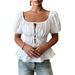 Women's Clothing French Retro Style Square Neckline Blouse Openwork Front Tie Waist Sexy Backless Top With Puff Sleeves Elegant Short Vacation Style_ecoleips.com