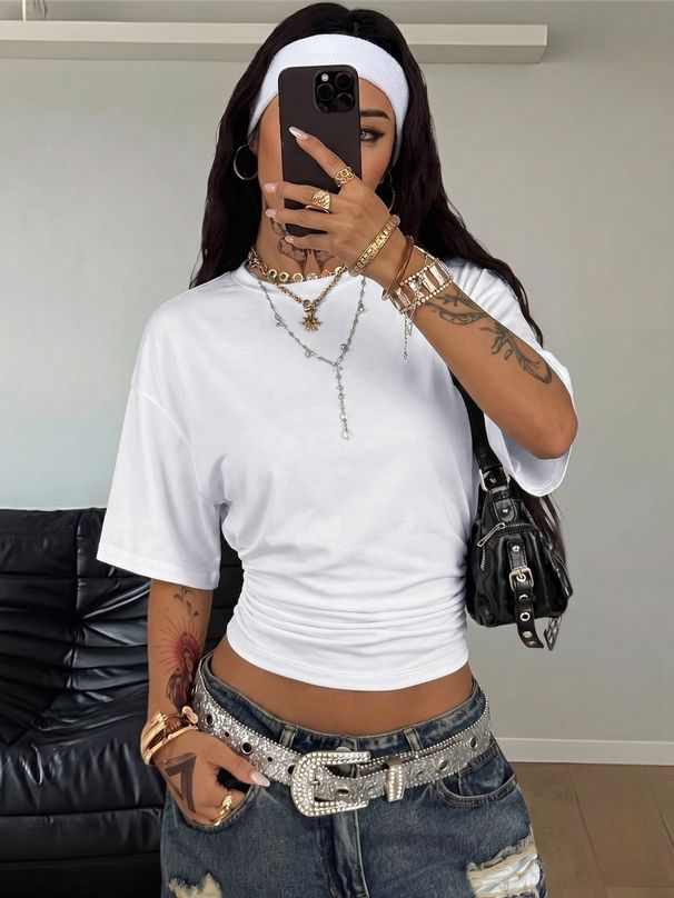 2026 Popular Cross-border Foreign Trade Summer Pleated Solid Color Round-neck Waist-cinching Slim-fit Women's_ecoleips.com
