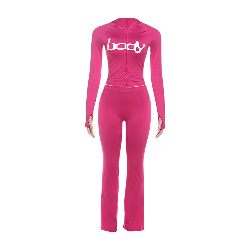 Women's Slim Fit Sports Pants Suit Hooded Letter Print Zipper European And American Style Autumn Fashion 2025_ecoleips.com