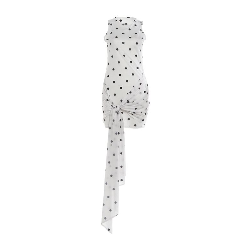 Summer Slim Fit Women's Dress Round Neck Polka Dot Print Bodycon Pleated Ribbon Detail New_ecoleips.com
