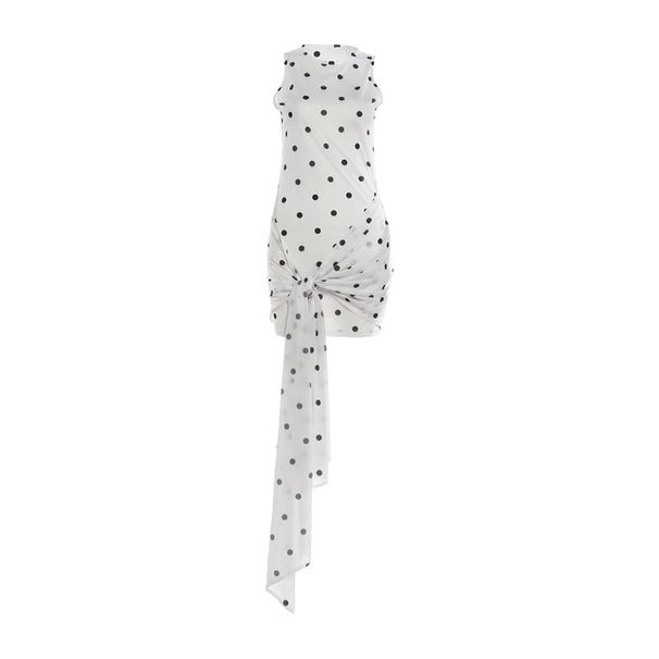 Summer Slim Fit Women's Dress Round Neck Polka Dot Print Bodycon Pleated Ribbon Detail New_ecoleips.com