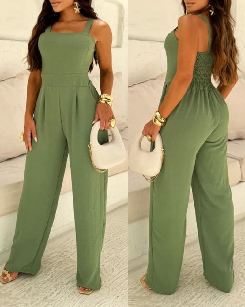 Women's Clothing Green Suspenders Sexy Waist Wide Leg Jumpsuit_ecoleips.com