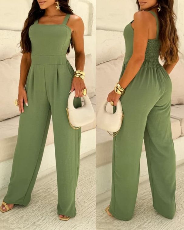 Women's Clothing Green Suspenders Sexy Waist Wide Leg Jumpsuit_ecoleips.com