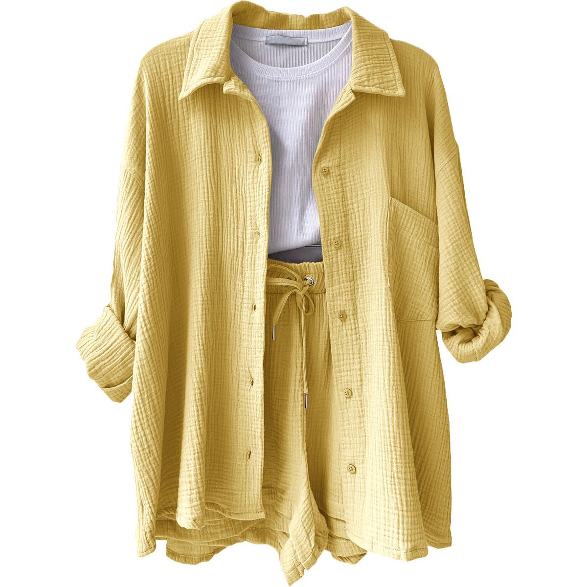 Women's Clothing Two Piece Set Wrinkled Lapel Long Sleeve Shirt High Waist Drawstring Shorts Plus Size Fashion Casual Suit_ecoleips.com