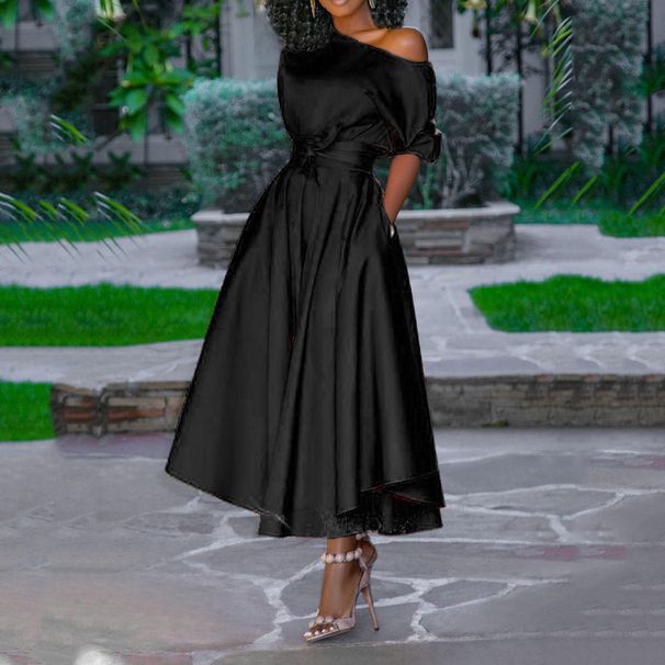 New Spring And Summer European And American Women's Clothing Shoulder Lace-up Waisted Slim-fit Mid-length Dress_ecoleips.com