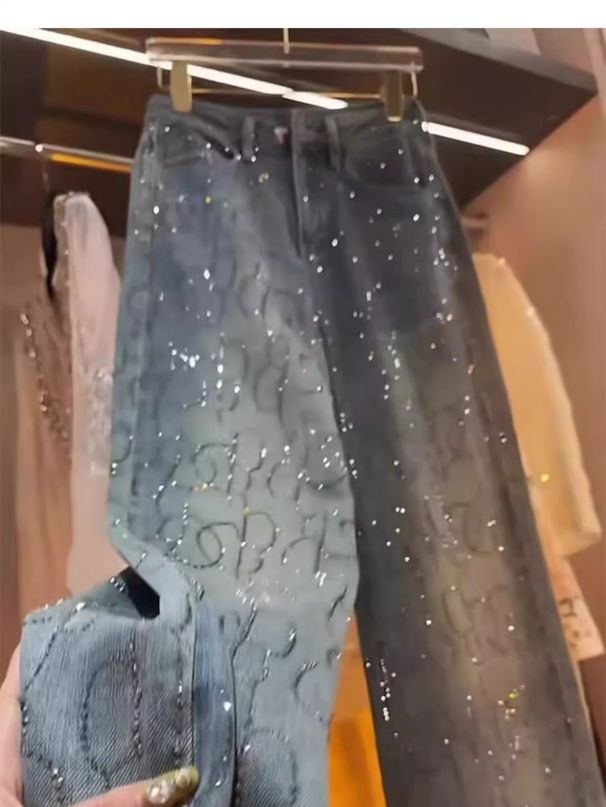Women's Clothing High End Versatile High Waist Slim Straight Pants Blue Two Color Hot Diamond Jeans_ecoleips.com