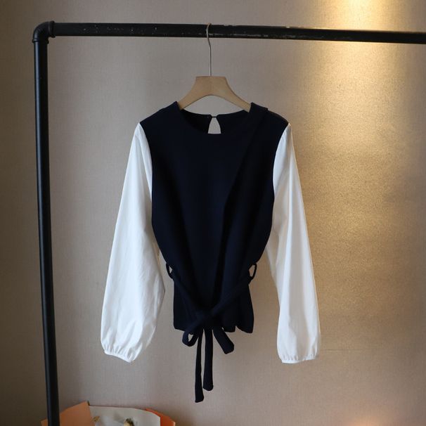 "Women's Fashion Long Sleeve Blouse With Color Block Design, Belted Waist & Puff Sleeves – Soft Cotton Round Neck Top For Casual Chic Style"_ecoleips.com