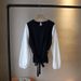 "Women's Fashion Long Sleeve Blouse With Color Block Design, Belted Waist & Puff Sleeves – Soft Cotton Round Neck Top For Casual Chic Style"_ecoleips.com