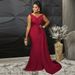 Women's Clothing Wine Red Sleeveless V Neck Slit Sexy And Elegant Women's Evening Dress_ecoleips.com
