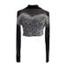 Two Piece Suit Fur Sequined Camisole + Long Sleeved Half High Collar Perspective Mesh T Shirt Top_ecoleips.com