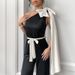 Women's Clothing Ribbon Black And White Contrast Bow Decoration One Shoulder Dress Straight Jumpsuit Trousers_ecoleips.com