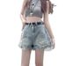 2025s American Style Spicy Girl Ripped Frayed Hem Denim Shorts For Women Summer Niche Design High Waist A-line Hot Pants_ecoleips.com